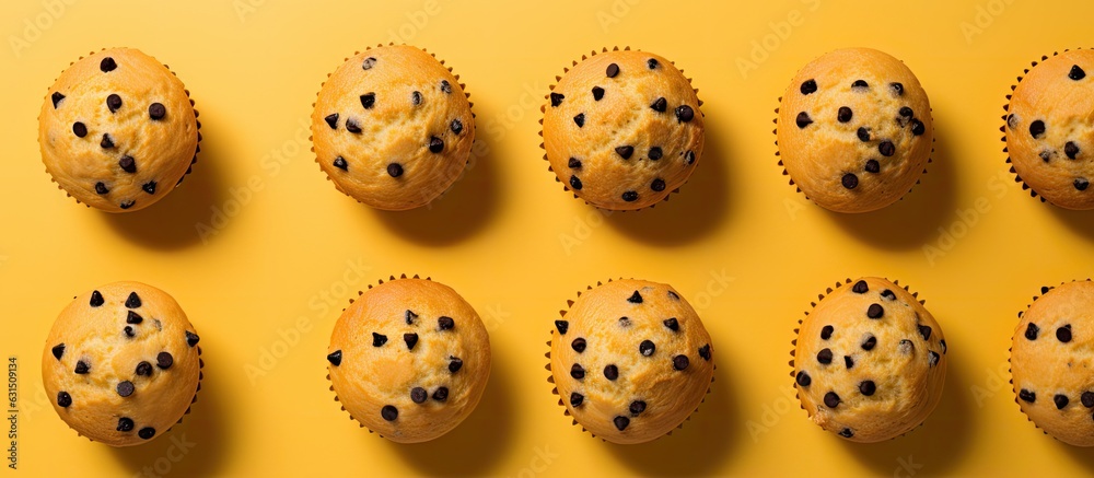 Top-down view of homemade muffins on a yellow background with empty space around them.
