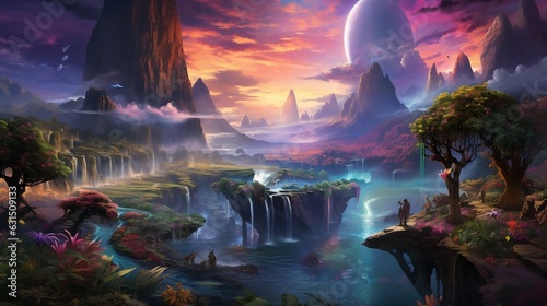 A fantastical floating island in a technicolor sky, with waterfalls cascading into a sea of vibrant colors