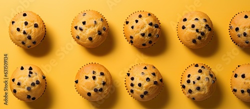 Top-down view of homemade muffins on a yellow background with empty space around them.