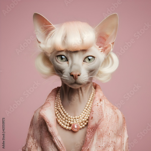 hairless cat wearing dress and wig with pearl necklace isolated on plain pink studio background photo