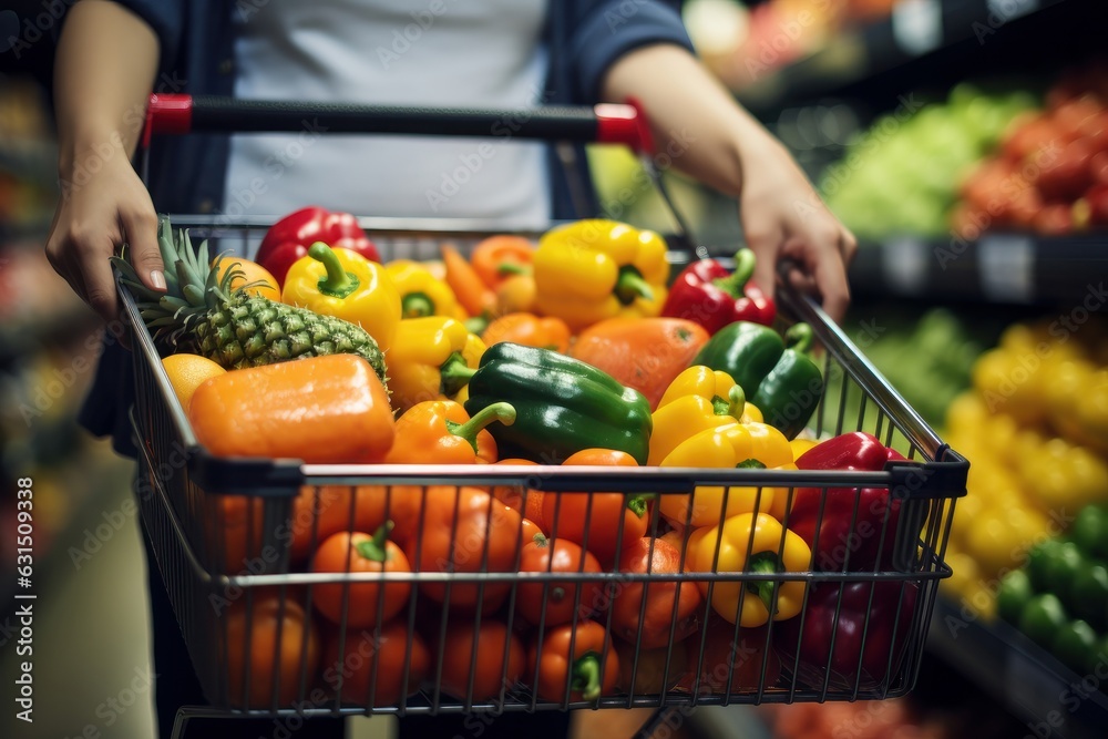 hand hold supermarket shopping cart with abstract blur organic fresh fruits and vegetable on shelves in grocery store.generative ai