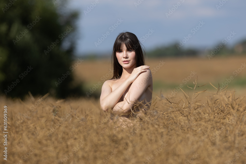 Young beautiful woman on a sunny day in an autumn field landscape Young beautiful woman on a sunny day in an autumn field landscape