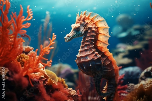 Seahorse Among Corals in the Sea. Generative AI