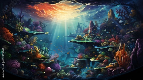 A fantastical underwater dreamscape with bioluminescent creatures, shimmering seashells, and vibrant coral reefs in a vivid technicolor display