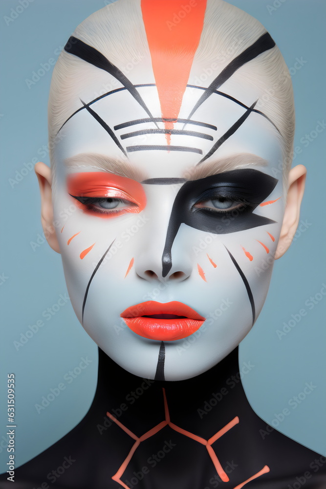 editorial makeup on young  bald woman isolated on plain blue studio background