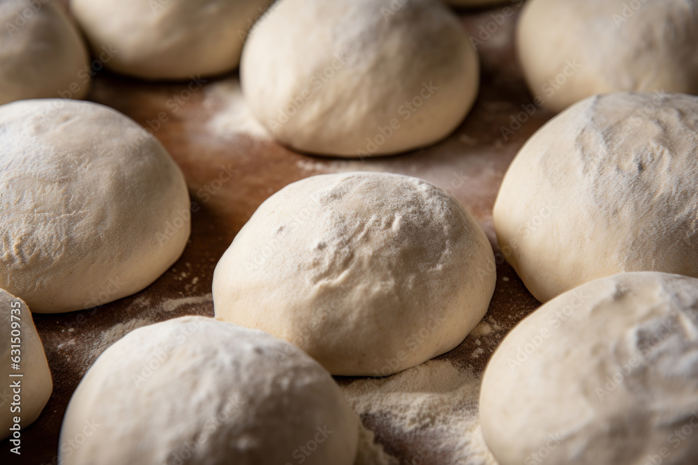 Raw dough balls and flour on wooden background, top view