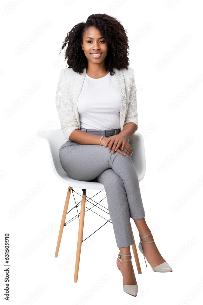 Black businesswoman png, looking at camera on transparent background, isolated, elegant, african american woman sitting on a chair Black businesswoman png, looking at camera on transparent background, isolated, elegant, african american woman sitting on a chair