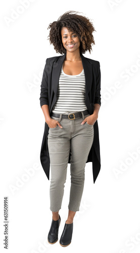 Black businesswoman png, looking at camera on transparent background, isolated, elegant, african american woman, full body