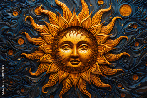 vintage golden sun with face design on blue swirl background