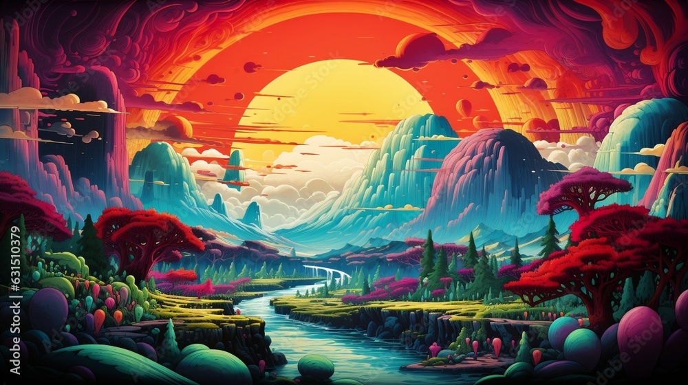 A surreal technicolor dreamscape with melting landscapes, vibrant color river, and gold sun sky color paint - obrazy, fototapety, plakaty 