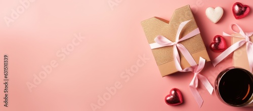 Valentines Day greeting card featuring a champagne bottle, two glasses, chocolate hearts, and