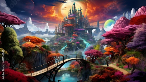 A surreal technicolor dreamscape featuring floating islands, rainbow bridges, and levitating objects
