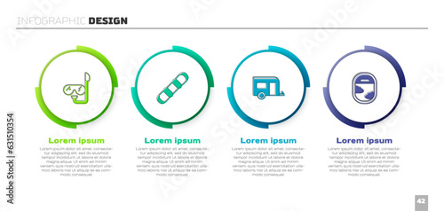 Set Diving mask and snorkel, Snowboard, Rv Camping trailer and Airplane window. Business infographic template. Vector