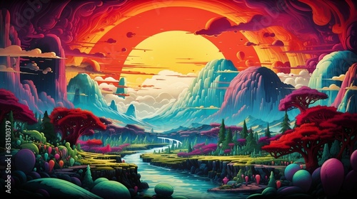 A surreal technicolor dreamscape with melting landscapes  vibrant color river  and gold sun sky color paint