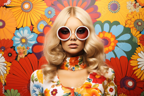 Blonde Frau mit Sonnenbrille vor Blumenwand, Blonde woman with sunglasses in front of flower wall,