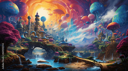 A surreal technicolor dreamscape featuring floating islands, rainbow dream bridges