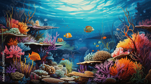 A whimsical underwater technicolor dreamscape  with colorful coral reefs and fantastical sea