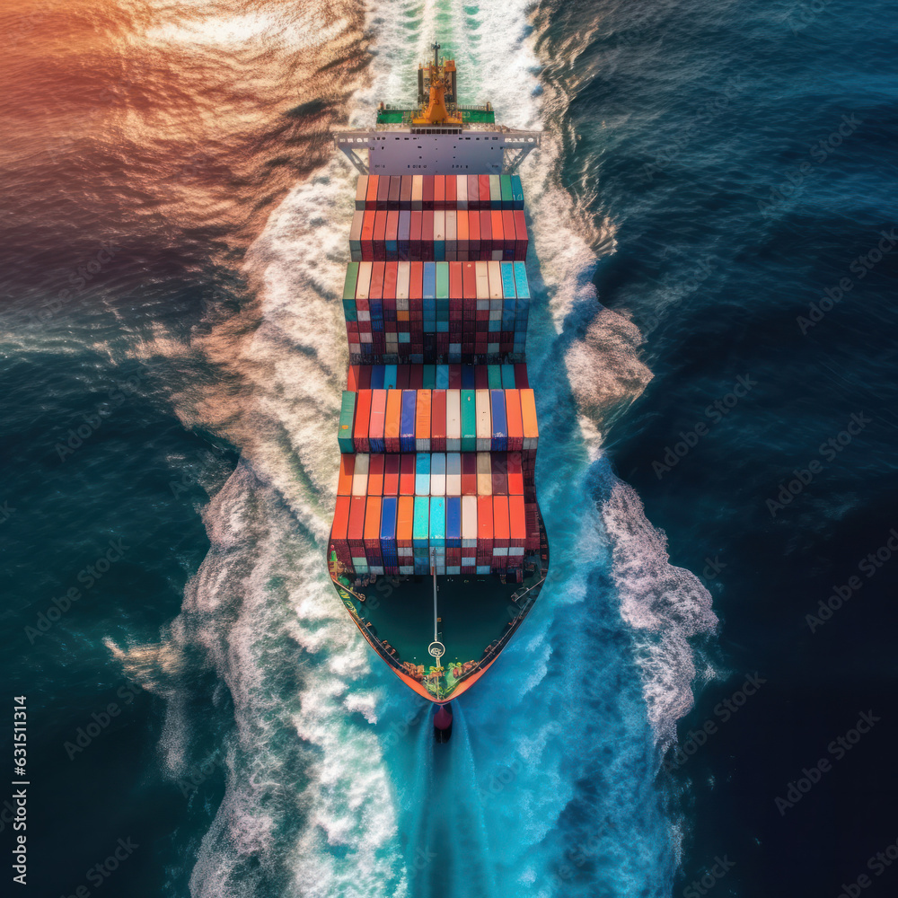 Aerial View Of Container Cargo Ship In Sea - generative AI