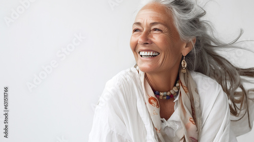 Portrait of a smiling woman in her 70s on a white background. Lifestyle. © Vanessa GF