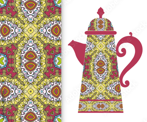Teapot with decorative ornament and vertical floral geometric seamless pattern, hand drawn repeating texture for Wedding, Bridal, Valentine's day or Birthday Invitations. Fabric or paper print