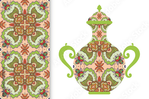 Hand drawn pitcher, vase with ornament and vertical seamless pattern. Decorative doodle texture, isolated elements for textile fabric, paper print, invitation or card design
