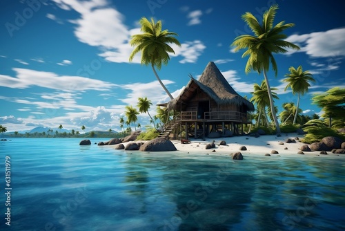 Palm Laden Island with Hut in Ocean. Generative AI