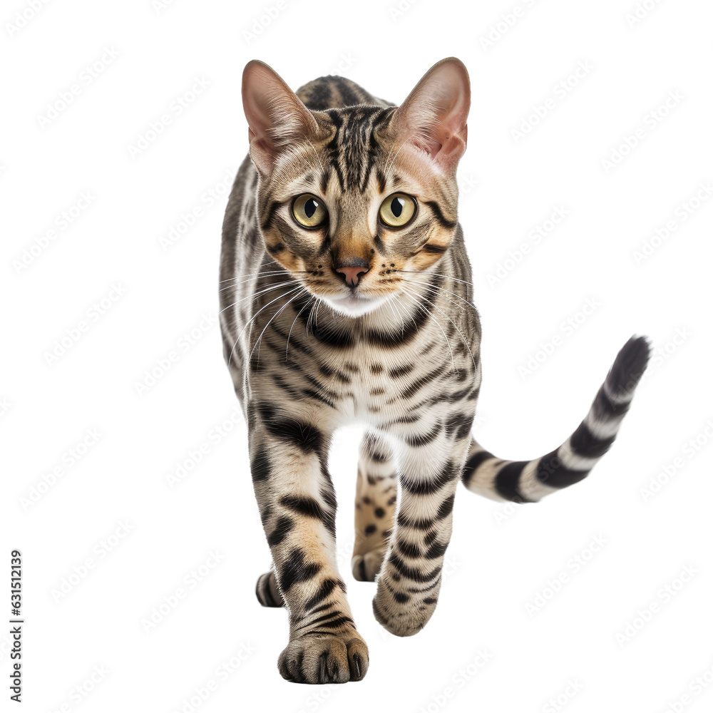 on white Bengal cat walking towards the camera. on white Bengal cat walking towards the camera.