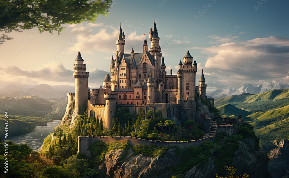 Fairy tale castle at sunset created with Generative AI technology