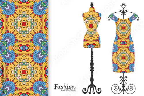 Vector fashion illustration. Vintage tailor dummy, dress model, colorful seamless pattern for textile fabric, paper print, invitation, business card design. Boho style isolated clothes collection