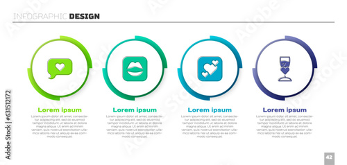 Set Heart in speech bubble, Smiling lips, and Glass of champagne. Business infographic template. Vector