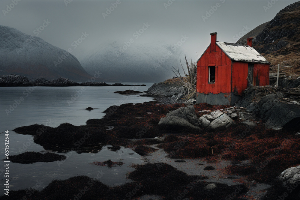 View of abandoned red house, sea and moody mountains on island, aesthetic look