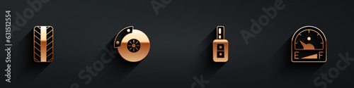 Set Car tire wheel, brake disk with caliper, key remote and Motor gas gauge icon with long shadow. Vector