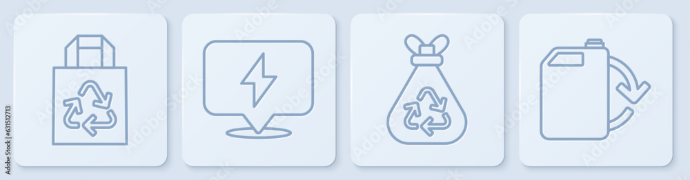 Set line Paper bag with recycle, Garbage bag with recycle, Lightning bolt and Eco fuel canister. White square button. Vector Set line Paper bag with recycle, Garbage bag with recycle, Lightning bolt and Eco fuel canister. White square button. Vector