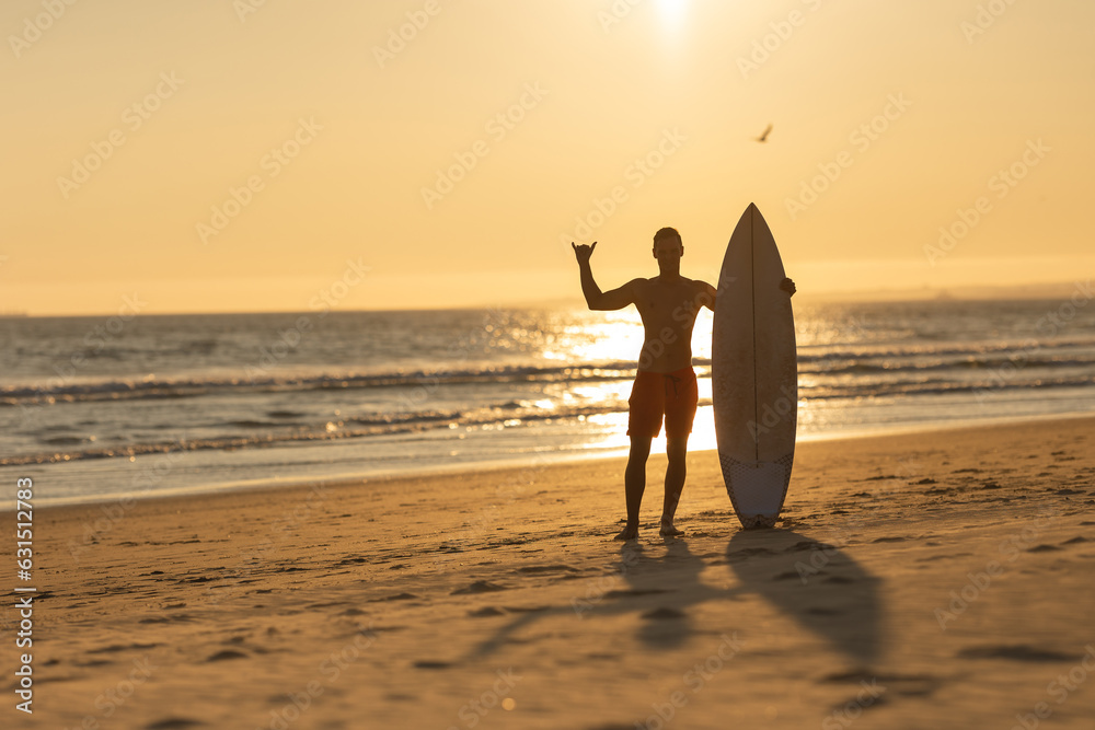 Silhouette of a man standing on the shore holding a surfboard and showing shaka