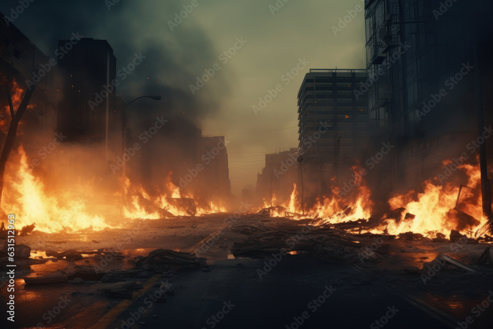 Destroyed city at night: Flames, blasts, and smoke. Apocalyptic disaster film poster concept.