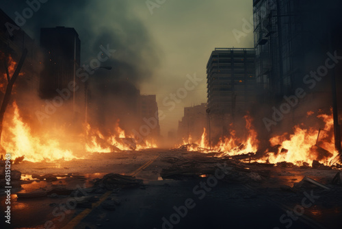 Destroyed city at night: Flames, blasts, and smoke. Apocalyptic disaster film poster concept.