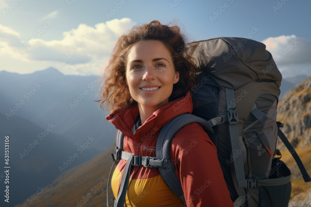 Smiling woman, camera in hand, enjoys mountain peak view.