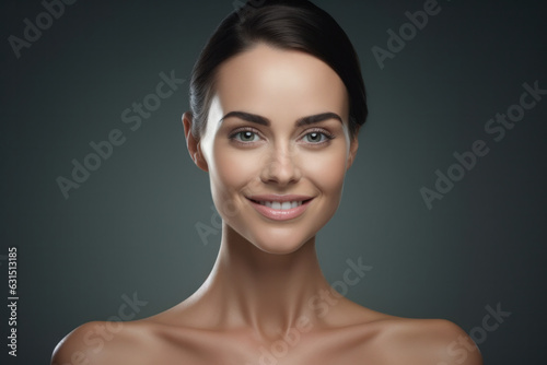 Portrait of joyful lady checking spa salon collagen treatment, isolated on grey