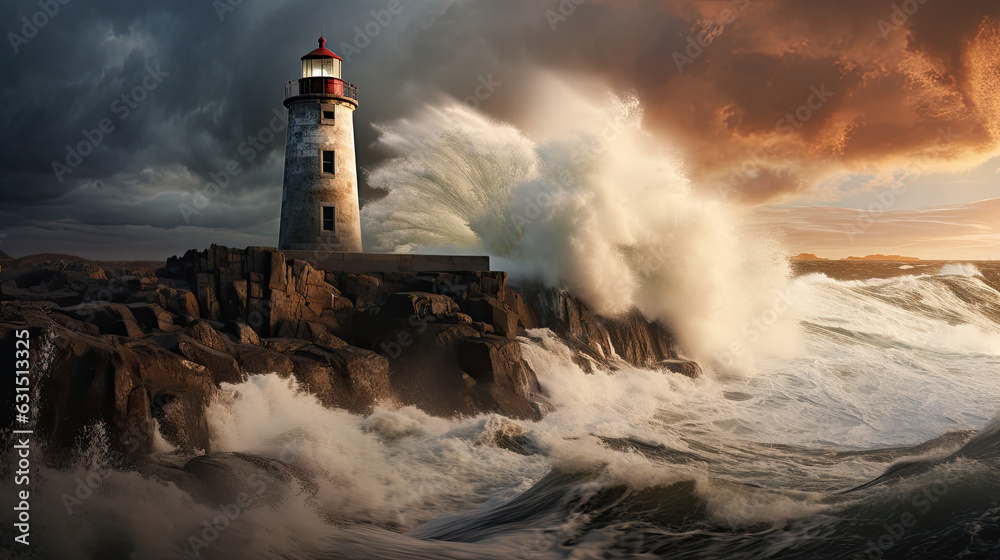 Dramatic painting of a lighthouse with crashing ocean waves at sunset.