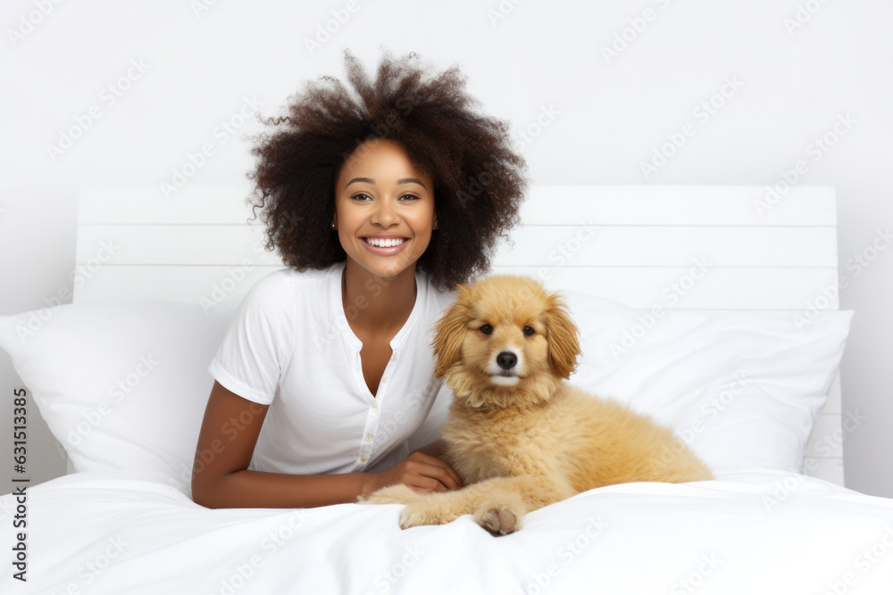 Smiling Afro woman cuddles pedigree dog on bed, ready to rest. White background, copy space Smiling Afro woman cuddles pedigree dog on bed, ready to rest. White background, copy space