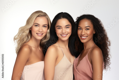 Three young multiracial women smiling together, isolated on white background