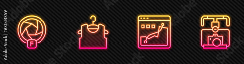 Set line Histogram graph photography, Camera shutter, Sleeveless T-shirt and Gimbal stabilizer with camera. Glowing neon icon. Vector