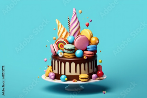 happy birthday cake on a blue background with candies,Generative AI