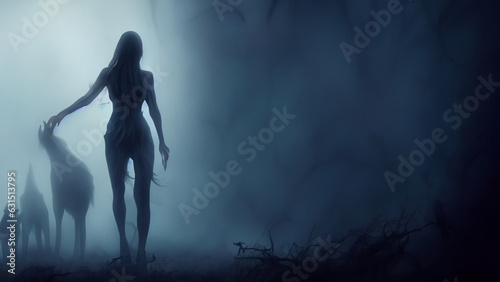 A dark dark fantasy character on a dark and mysterious background