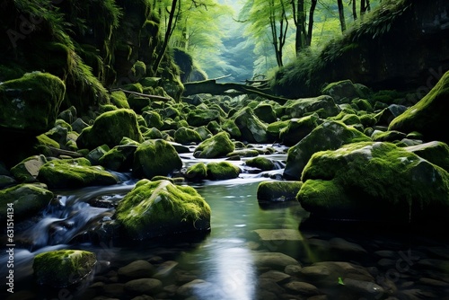 Flowing Water Among Moss Covered Rocks. Generative AI