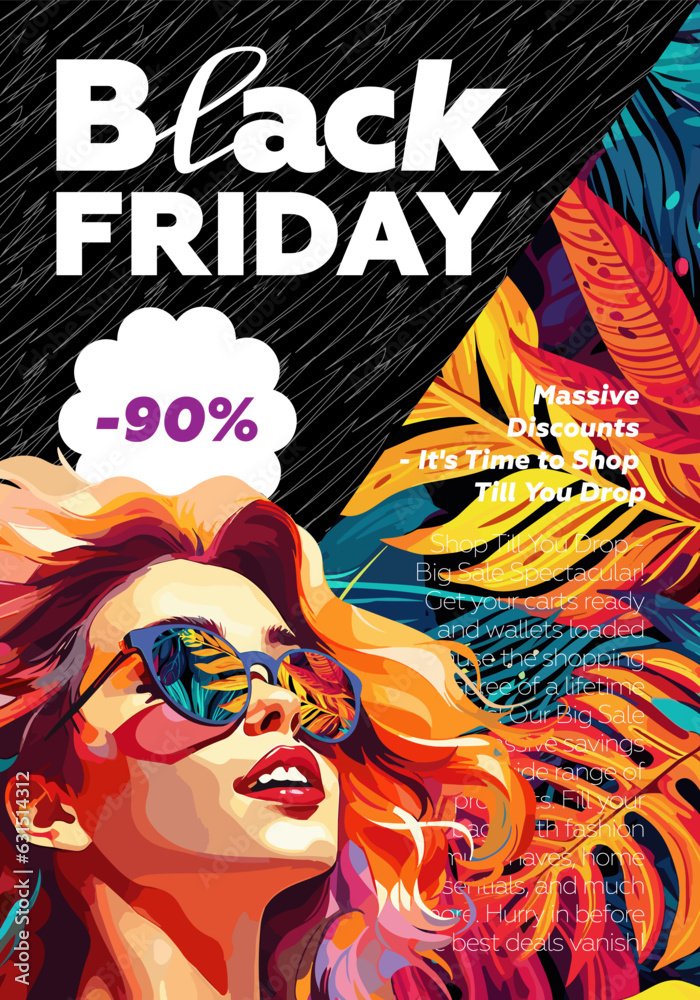 Black Friday promo trendy placard with beautiful woman on abstract floral background. Sale and discount poster with advertising text. Creative typography art print. Fashion shopping cover eps design