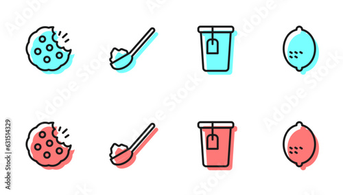 Set line Cup with tea bag, Cookie or biscuit, Spoon sugar and Lemon icon. Vector