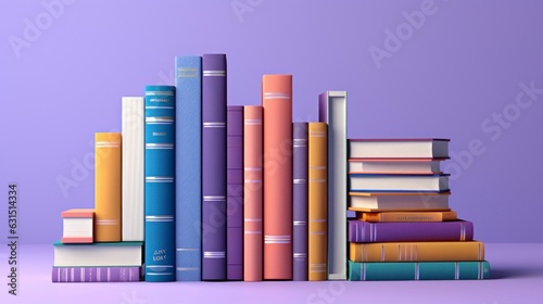 3d render of colorful books collection on purple background