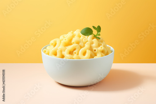 Delicious mac&cheese in white plate isolated on flat orange background with copy space, Mac and cheese macaroni banner template.