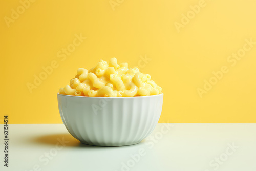 Delicious mac&cheese in white plate isolated on flat orange background with copy space, Mac and cheese macaroni banner template.